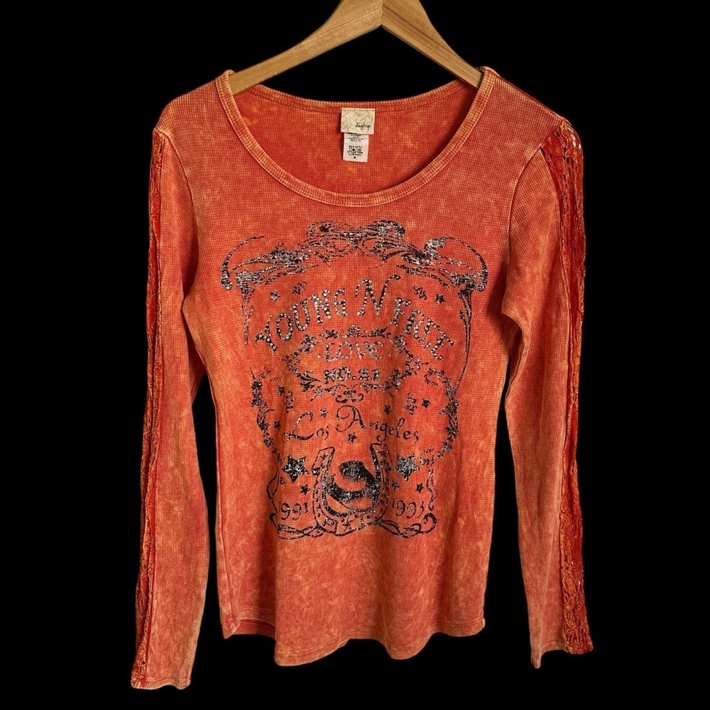 Daytrip Buckle Medium Orange‎ Thermal Graphic Top Crochet Sleeve Young N Free